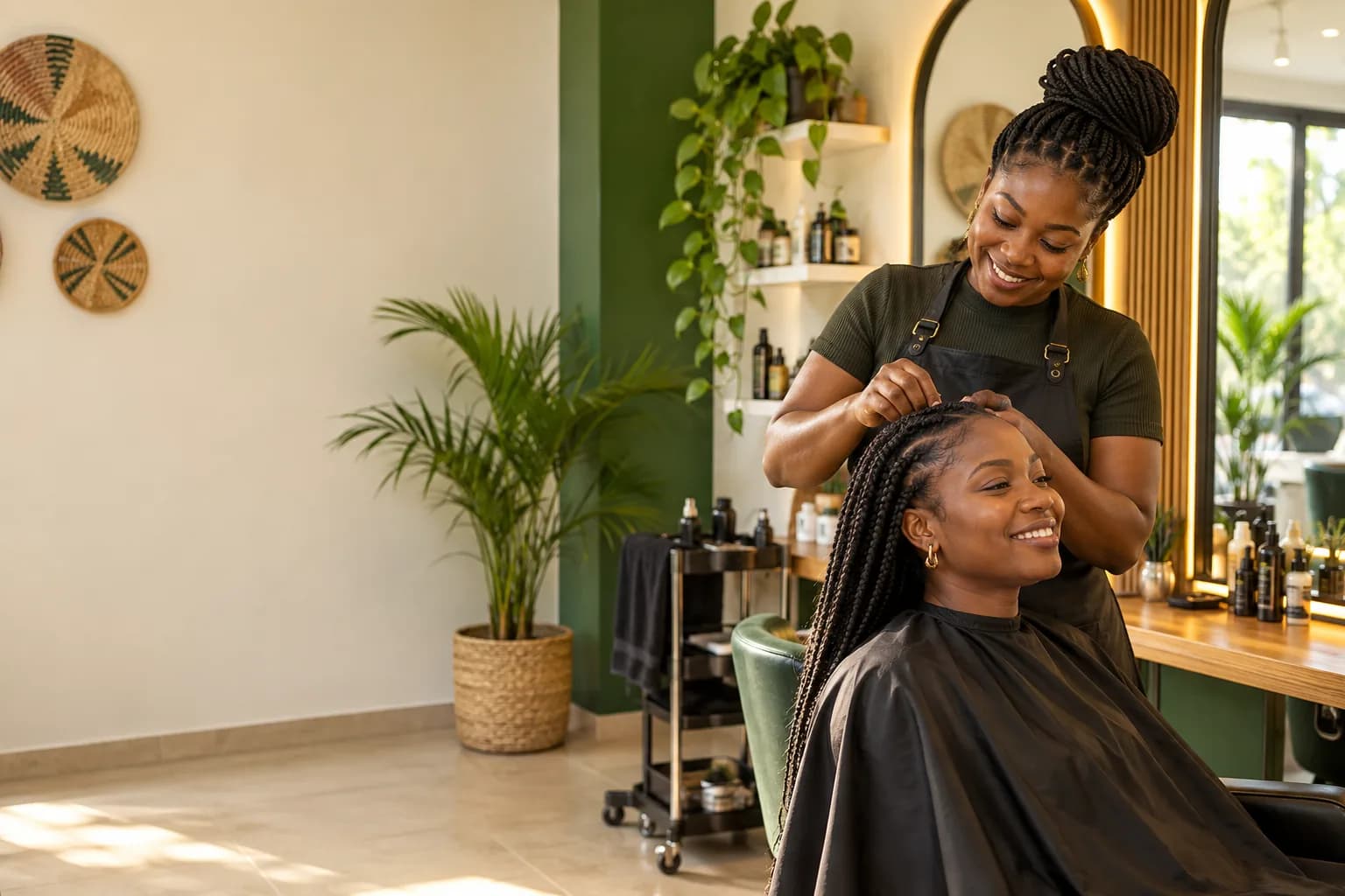 Ghanaian stylist braiding a client's hair in a bright studio